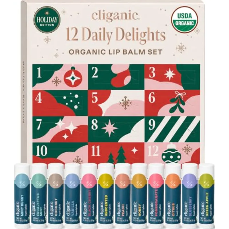 Cliganic Organic Lip Balm Set, 12 Daily Delights - Advent Calendar